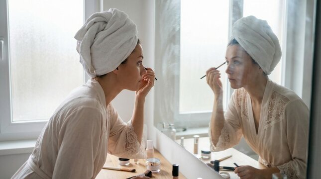 Young woman with towel on head applying eye makeup in bathroom mirror, doing her beauty routine at home
