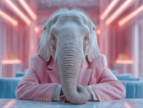 Elegant white elephant wearing pink suit resting at table