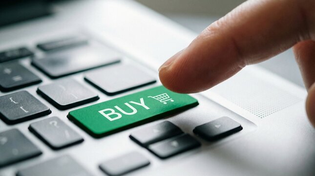 Close-up of a finger pressing a green 'Buy' button with a shopping cart icon on a laptop keyboard, symbolizing online purchasing and e-commerce