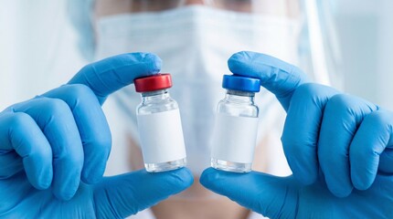 Obraz premium Medical professional in blue gloves holding two vials with red and blue caps, symbolizing scientific research and development of new treatments.