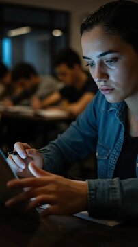 Focused Hispanic Female Student Studying Late Night in Library for Final Exams