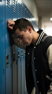Exhausted teenage boy in varsity jacket suffering from academic burnout at school