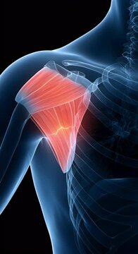 Medical illustration of human shoulder anatomy with highlighted muscles