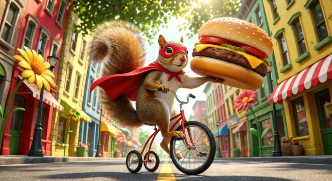 Super Squirrel Riding Tricycle Delivering Giant Burger Down Colorful Street