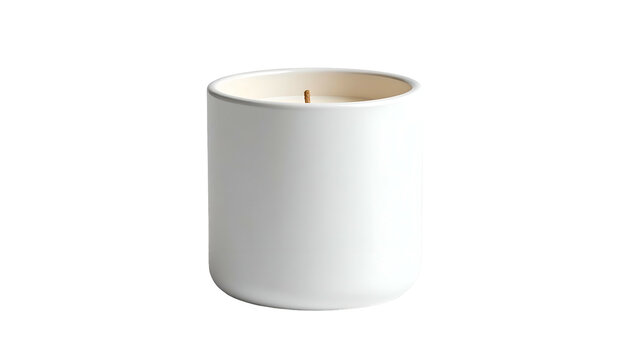 Cylindrical white candle in a ceramic holder with a wooden wick, isolated on black