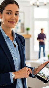 Female Real Estate Agent Using Digital Property Management App in Modern Home