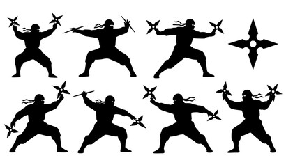 Ninja warrior throwing shuriken silhouette vector icon set isolated on transparent background © MdRoni