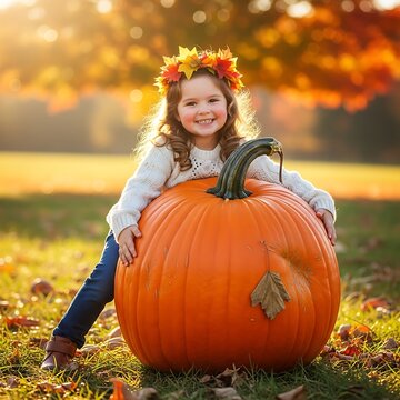 Adorable Little Girl Wearing a Leaf Crown Poses with a Giant Pumpkin in Autumn Park.