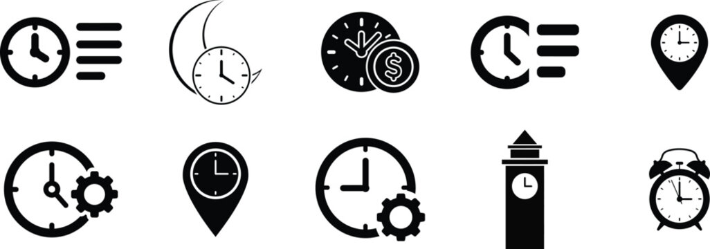Black and white time and navigation icons collection including clocks watches and location symbols for design and organization
