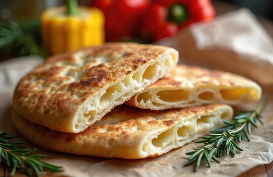 Golden brown flatbreads, one sliced open showing airy interior pockets. Fresh rosemary sprigs and out of focus bell peppers provide a rustic, appetizing background setting.
