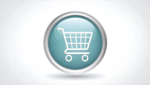 A 3D rendered, clean illustration features a white outline of a shopping cart within a blue, glossy button. The button has a silver outline