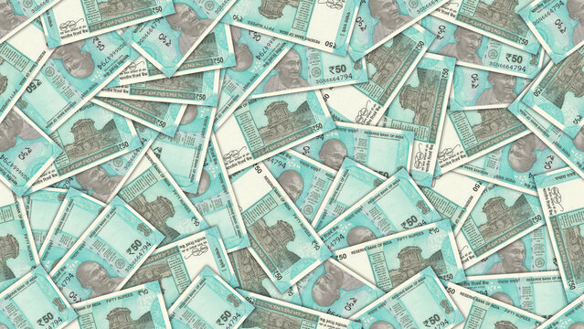 Seamless pattern. Financial illustration. Many scattered Indian 50 rupee banknotes. Obverse and reverse. Money of Republic of India. Fifty rupees. Economic texture. Wallpaper or background