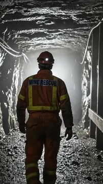 Male mine rescue worker in orange high-visibility gear standing in a dark underground tunnel for safety training