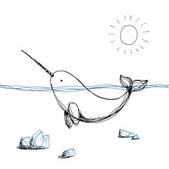 Minimal Arctic Narwhal Swimming Illustration © Edik