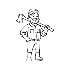Obraz premium Lumberjack cartoon character holding axe line drawing. Woodcutter man with beard standing pose outline vector illustration. 