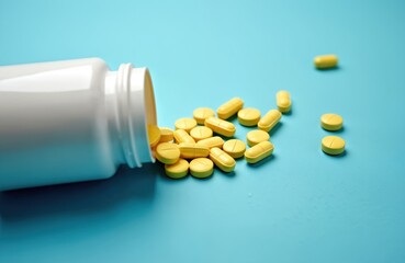 Yellow pills spill from a white bottle onto a bright blue surface. Many round and oblong tablets scatter across the clean background, creating a visual of medication and treatment.