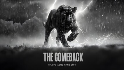 A powerful black panther walks through a dramatic black and white stormy scene with lightning and rain. The text 