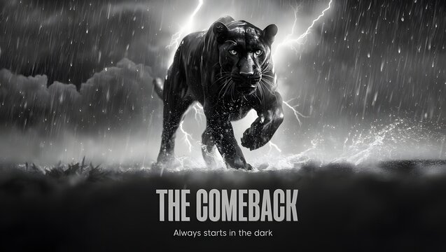 A powerful black panther walks through a dramatic black and white stormy scene with lightning and rain. The text "THE COMEBACK" is prominent.