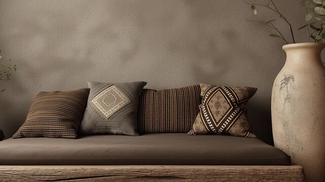 Minimalist wabi sabi living room with wooden bench, earthy pottery and neutral decor, natural textures and calm organic interior design