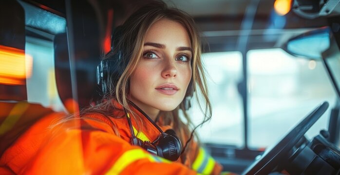 focused emergency responder in orange reflective jacket inside a vehicle with headset at the steering wheel, determined and alert