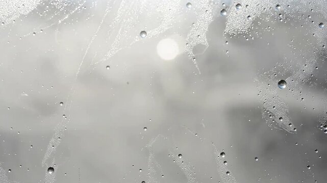 Tranquil Morning Fog with Abstract Sparkle An artistic close-up perspective of a peaceful morning scene, where pockets of fog gently undulate, and the surfaces within the frame are covered in a fine