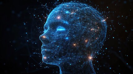 futuristic human silhouette made of interconnected glowing blue nodes and lines on a dark background, conveying digital intelligence and connection