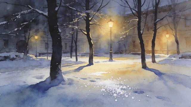 A painting of a snowy park with a lamp post in the foreground