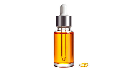 Transparent glass serum bottle with dropper, filled with amber liquid, and a capsule