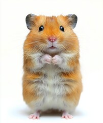 adorable golden brown hamster standing upright with tiny clasped paws, bright black eyes, pink nose and whiskers, fluffy fur and curious innocent expression on white background