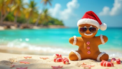 Fototapeta premium Gingerbread man wearing Santa hat and sunglasses sits on beach sand. Tropical ocean waves and palm trees in background. Festive Christmas holiday theme.