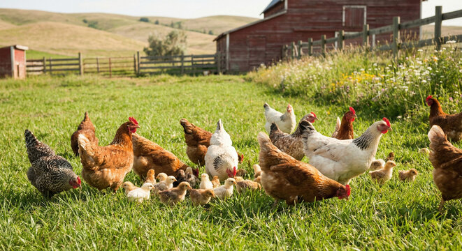 Diverse colorful chickens and small chicks walking on green farm