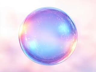 Single iridescent soap bubble floating against a soft pastel pink and blue blurred background, shimmering with tiny sparkles and a dreamy ethereal glow