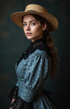 Young woman wears blue vintage dress and straw hat. Historical fashion portrait with black lace collar. Elegant lady poses with classical hairstyle and makeup. Authentic 19th century attire.