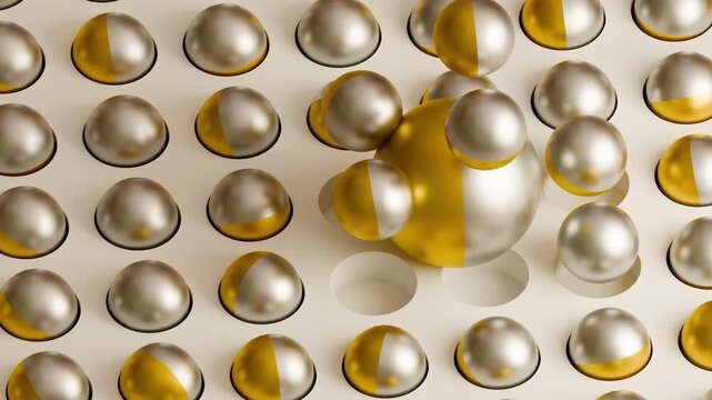 bstract Aluminum And Gold Spheres Seamless Pattern, A sleek 3D motion render of abstract aluminum and gold spheres, metallic orbs floating, perfect for luxury party or elegant film.