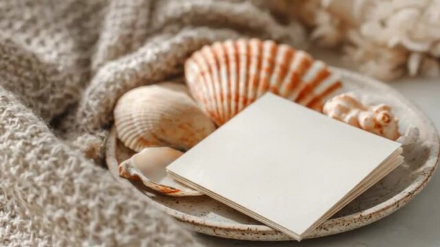 This inviting close-up shot features a rustic ceramic plate artfully arranged with various natural seashells, creating a serene, coastal-inspired vignette. A small stack of clean, blank paper or cards