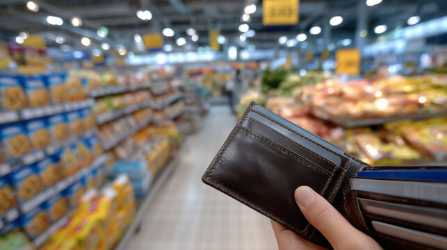 First-person view inside a modern supermarket, shopper holding a completely empty wallet wide open, no cash or cards inside, bright sale signs contrasting with high price tags, col
