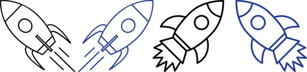 Modern rocket launch icon set in blue flat and line style. Collection includes startup, space shuttle, takeoff and boost symbols ideal for apps, technology and innovation themes.