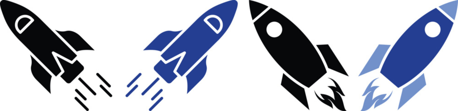 Modern rocket launch icon set in blue flat and line style. Collection includes startup, space shuttle, takeoff and boost symbols ideal for apps, technology and innovation themes.