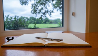 Open Notebook and Pen by Window with Soft Leaf Shadows