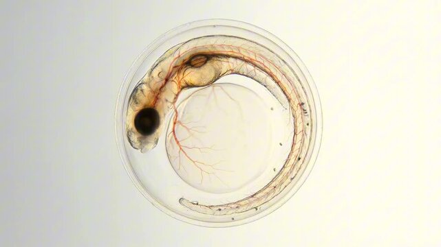 Zebrafish embryo microscopy with visible heartbeat and blood flow, developmental biology model