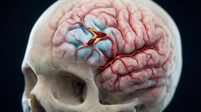 3D Medical Illustration of Human Brain with Cerebral Aneurysm and Blood Clot in Artery