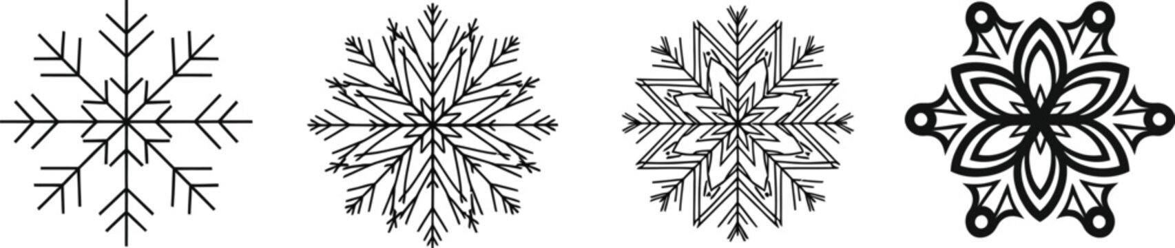 Collection of four different black and white snowflake icons featuring simple geometric line art designs and a stylized ornamental pattern for winter holidays