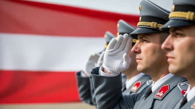 Male Austrian military officers in dress uniform saluting at a formal honor guard ceremony
