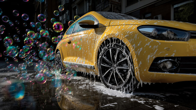Low-angle perspective of a yellow sponge scrubbing a car&acirc;s side panel, soap bubbles shimmering with rainbow reflections, wet pavement beneath reflecting the vehicle silhouette, dra