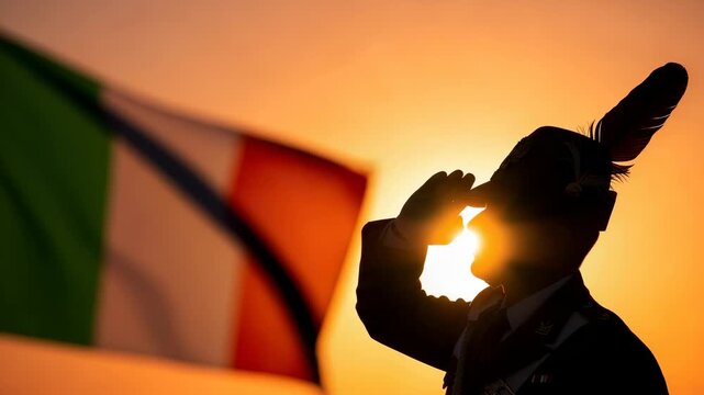 Silhouette of Alpini mountain soldier saluting national flag at sunset, patriotic celebration
