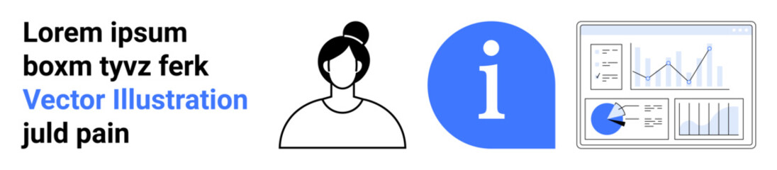 Woman avatar, blue info badge, analytics dashboard with pie and bar charts. Ideal for user profiles, info hubs, data presentation, website interface, educational content, infographics simple landing