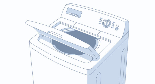 A line drawing illustration of a top-loading washing machine with its lid open, ready for laundry.