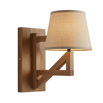 Elegant wall-mounted lamp with wooden frame and fabric shade for modern decor isolated on white background