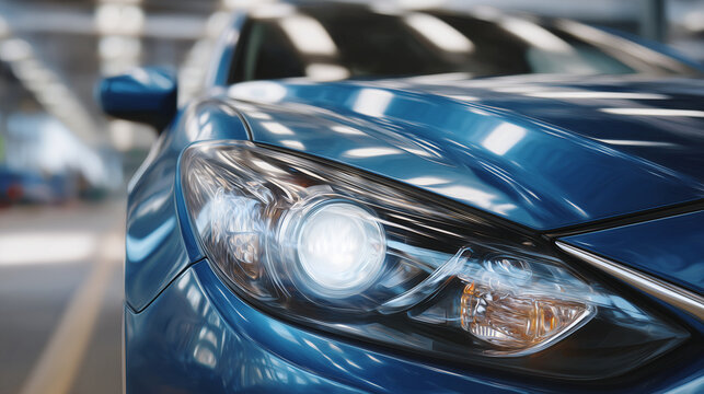 Macro detail of car headlight lens being polished, tiny scratches removed, reflections of garage light on clear plastic