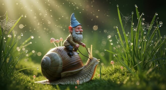 Magical garden gnome riding a giant snail through lush green grass with morning dew and sunlight